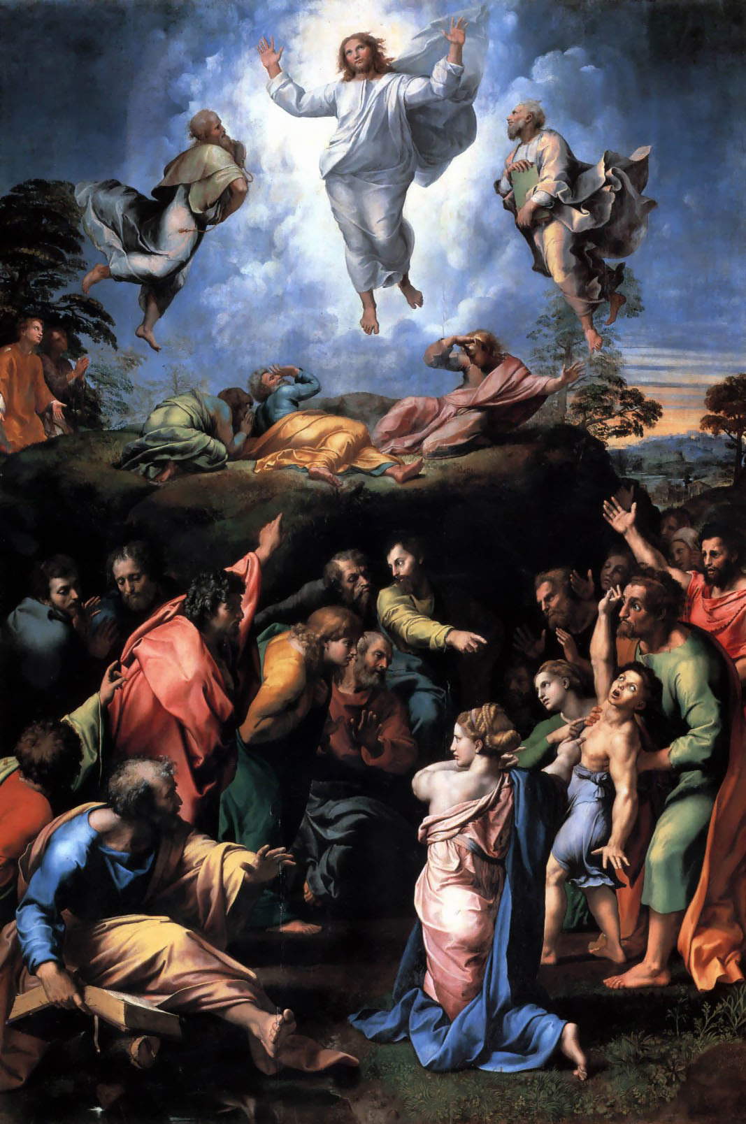 Raphaël, Transfiguration (1518-1520 ; tempera grassa sur panneau, 410 x 279 cm ; Cité du Vatican, Musées du Vatican, Pinacothèque Vaticane) Raphaël, Transfiguration (1518-1520 ; tempera grassa sur panneau, 410 x 279 cm ; Cité du Vatican, Musées du Vatican, Pinacothèque Vaticane)