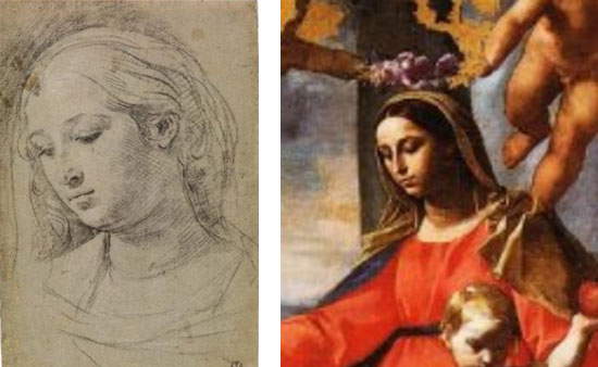 Simone Cantarini, Busto de mujer joven y detalle de la Virgen del Rosario