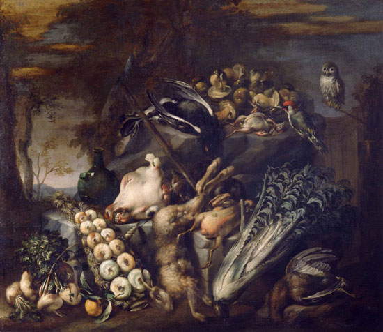 Felice Boselli, Garde-manger avec légumes, champignons, gibier, tête de veau et hibou