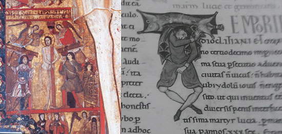 Comparaison entre la Flagellation sur la Croix et le télamon du Passionarium P+