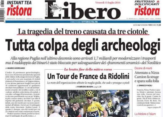 La prima pagina di Libero il 14 luglio 2016