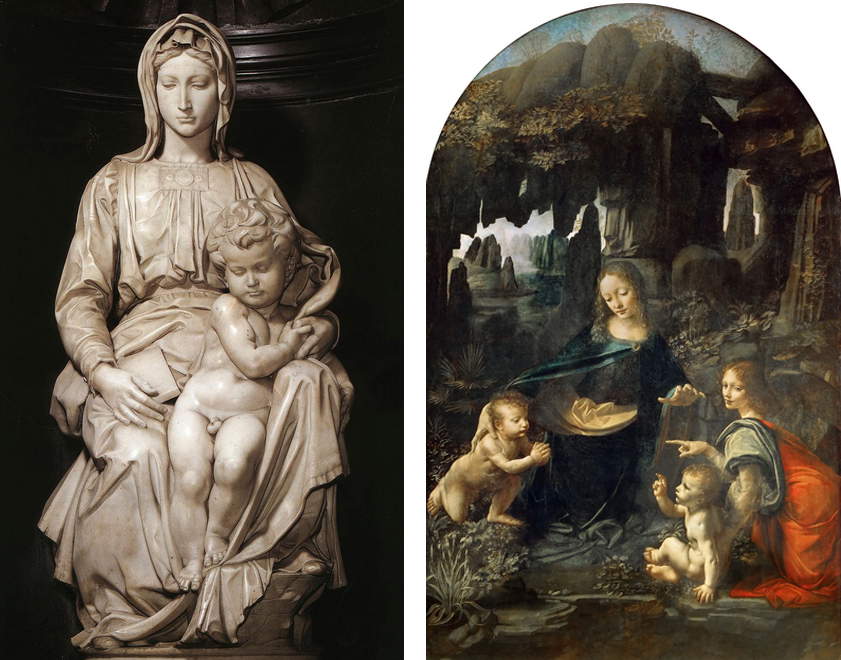 A sinistra: Michelangelo, Madonna di Bruges. A destra: Leonardo da Vinci, Vergine delle rocce