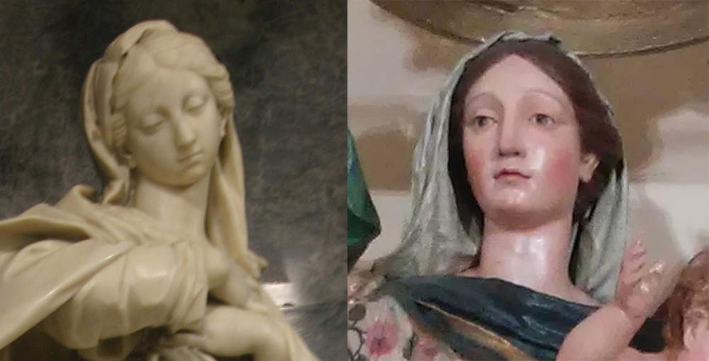 El rostro de la Inmaculada Concepción en el Hospital Cívico (izquierda) y el de Nuestra Señora del Rosario.