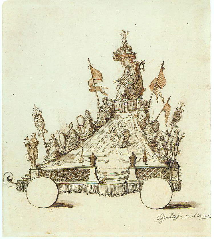 Hendrik Frans Verbrugghen, Diseño del carrlo La montaña de las vírgenes para el Ommegang de Amberes de 1718