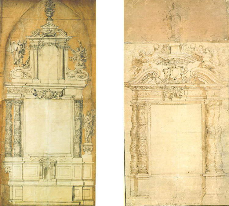 A sinistra: Pieter Huyssens, Progetto per l'altare maggiore della chiesa dei Gesuiti di Anversa. A destra: Pieter Paul Rubens, Progetto per l'altare maggiore della chiesa dei Gesuiti di Anversa