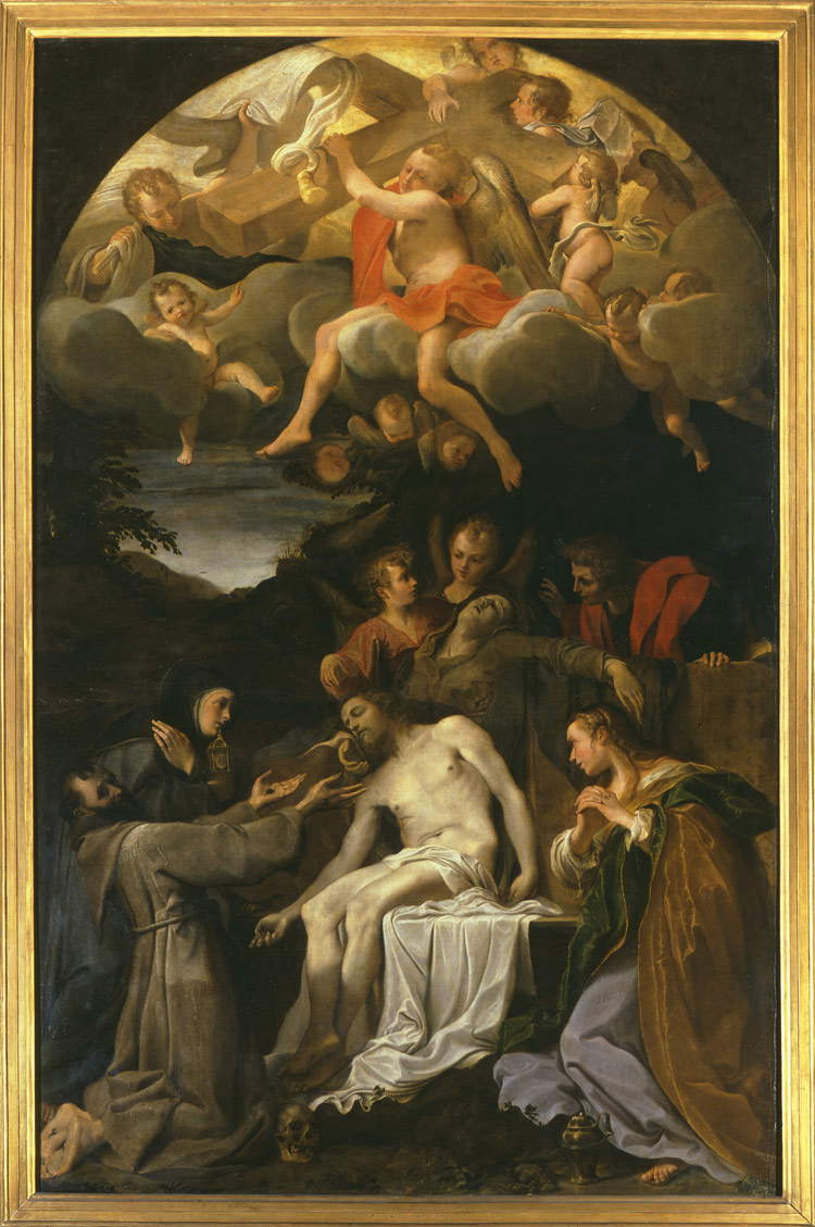 Annibale Carracci, Beweinung des toten Christus mit den Heiligen Franziskus, Klara, Johannes dem Evangelisten, Maria Magdalena und Engeln