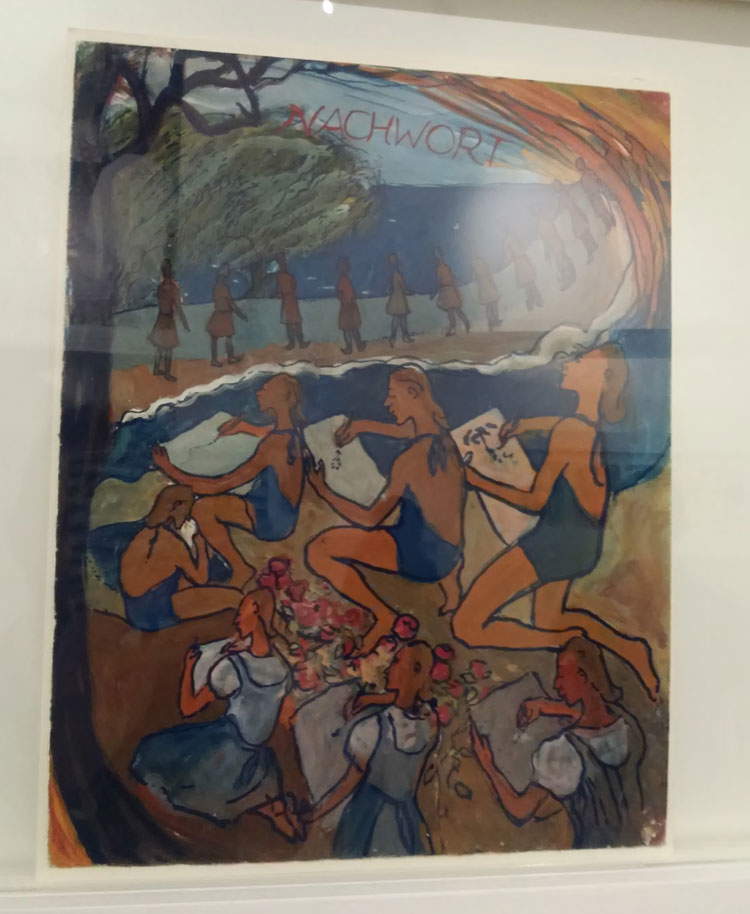 Charlotte Salomon, Su una rupe là in alto crescono alberi del pepe... dolcemente il vento ne muove le foglioline argentee. Giù in basso si dissolvono le schiume - nell'infinita distesa del mare. Schiume, sogni - sogni miei su una terra azzurra, che cosa riuscite sempre a costruirvi di nuovo e luminoso da tanta pena e dolore. Chi vi ha dato il diritto? Sogno, parlami - e di chi sei il servo? Perché mi salvi? Su una rupe là in alto crescono alberi del pepe. Dolcemente il vento ne muove le fogliolinle argentee.