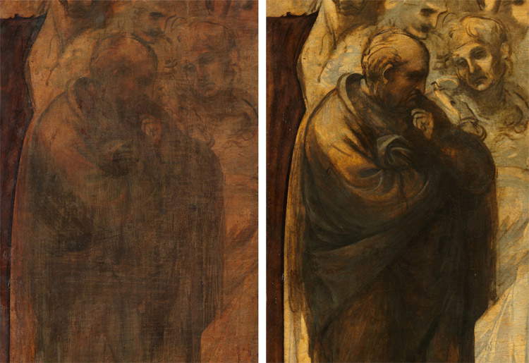 Dettaglio: la presunta figura di Isaia prima e dopo il restauro