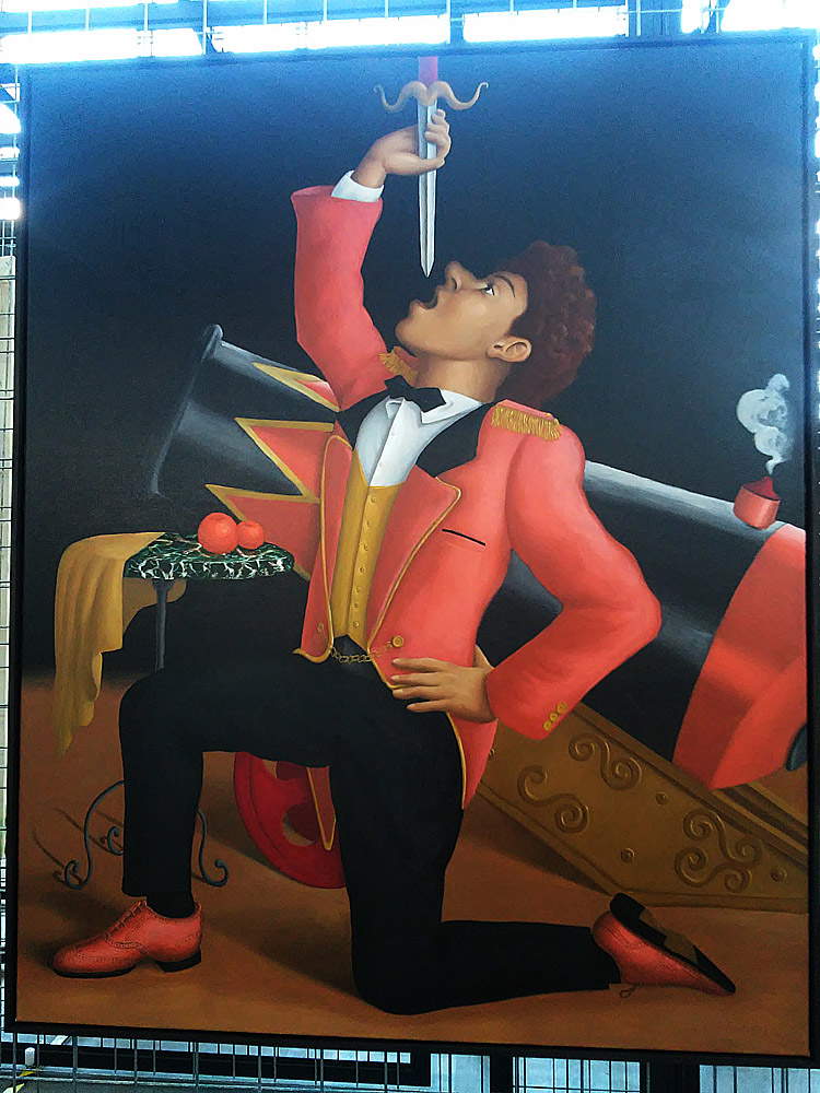 Patrizio Di Massimo, The Sword Swallower (2017; olio su tela di lino, 153,5 x 123,5 cm)