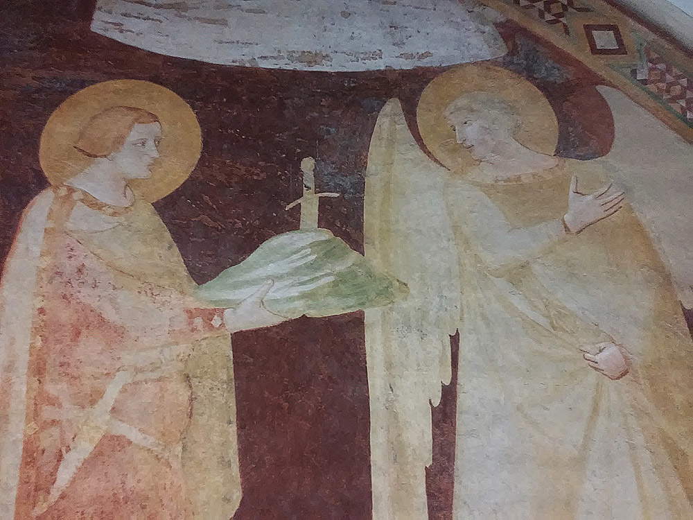 Ambrogio Lorenzetti, Affreschi di Montesiepi, dettaglio dell'incontro tra san Galgano e san Michele