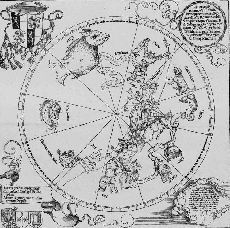 Albrecht Dürer, L'hémisphère sud du globe céleste. Carte céleste de l'hémisphère sud (1515 ; gravure sur bois, 421 x 432 mm ; Florence, Galleria degli Uffizi, Gabinetto dei Disegni e delle Stampe)