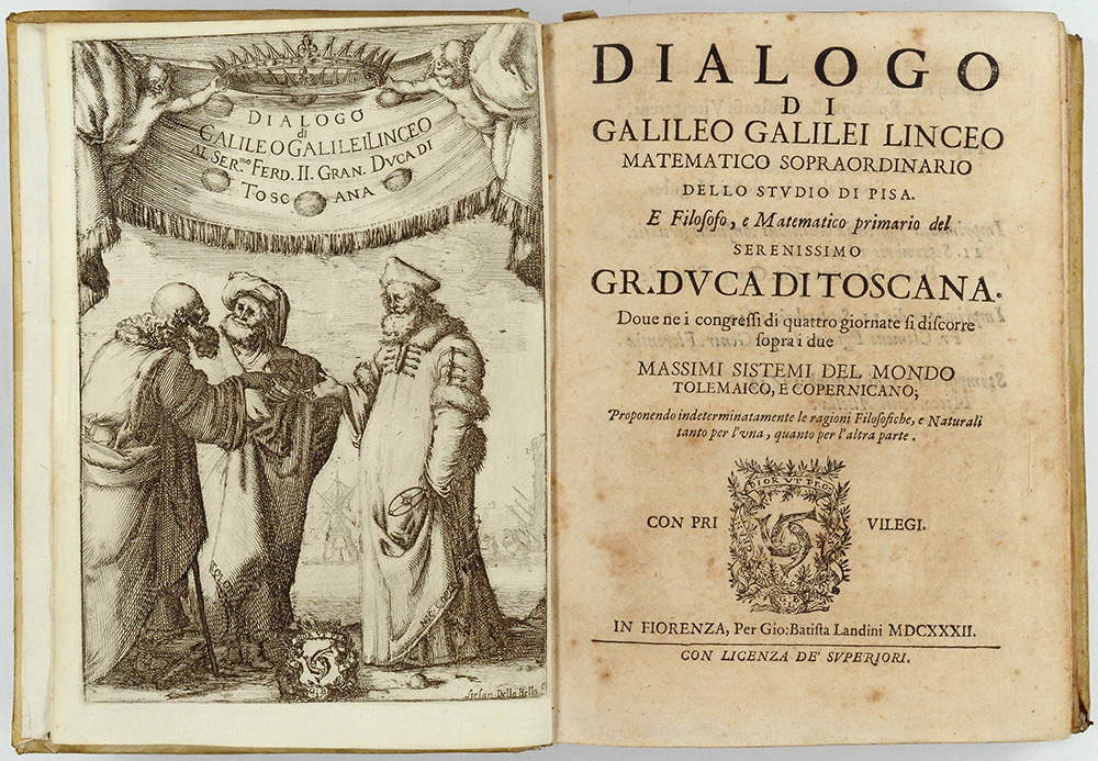 Galileo Galilei, Dialogo sopra i massimi sistemi (1632 ; ouvrage imprimé avec des notes manuscrites autographes, 18,5 x 24,5 x 5,5 cm ; Padoue, Biblioteca antica del seminario vescovile)