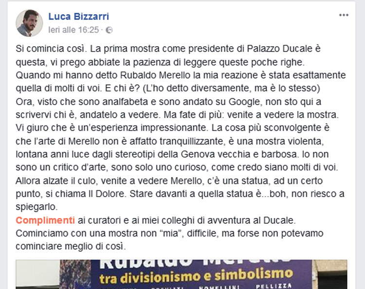 La prima uscita su Facebook di Luca Bizzarri da presidente di Palazzo Ducale