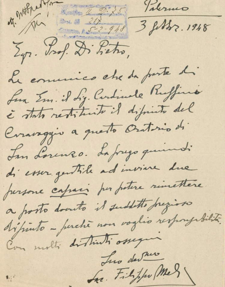 Lettera del 3 febbraio 1948 di don Filippo Meli al soprintendente Filippo Di Pietro