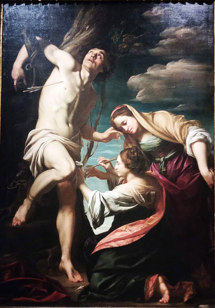 Simon Vouet, Saint Sébastien soigné par la veuve Irène et sa servante (vers 1622 ; huile sur toile, 246 x 174 cm ; Collection privée)