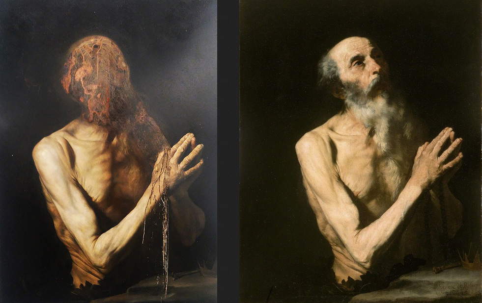 A sinistra, Nicola SamorÃ¬, La caduta dei giganti (2017; olio su rame, 70 x 50 cm). A destra, cerchia di JosÃ© de Ribera, San Girolamo (prima metÃ  del XVII secolo; olio su tela, 92,7 x 70,5 cm; Collezione privata)