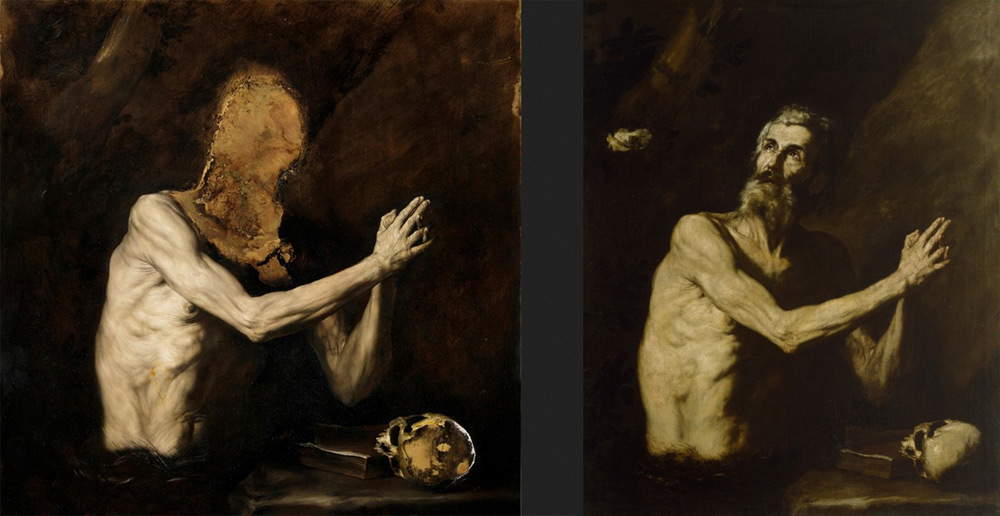 A sinistra, Nicola Samorì, Le formiche (2017; olio su rame, 100 x 100 cm. Courtesy Galerie EIGEN + Art, Lipsia / Berlino). A destra, José de Ribera, San Paolo eremita (1632 circa; olio su tela, 132,7 x 106,7 cm; Baltimora, The Walters Art Museum)