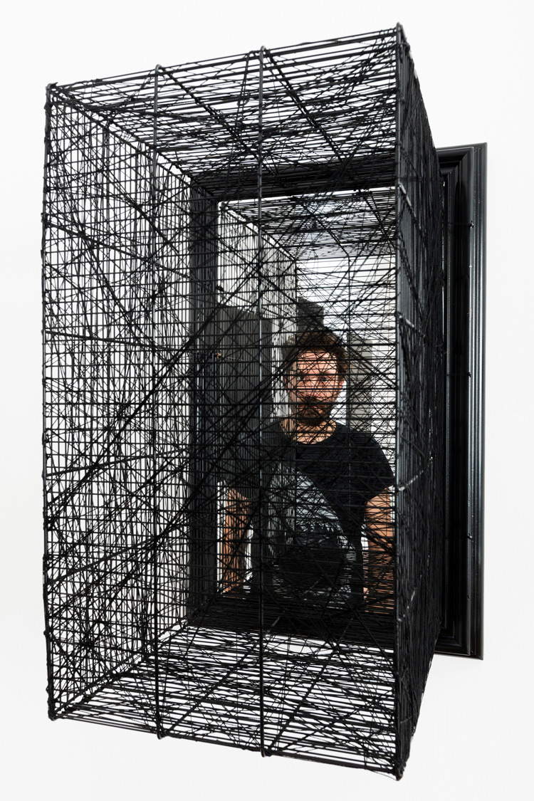 Andrea Bianconi, In Between (2014; gabbia e specchio/cage and mirror, 69 x 43 x 45 cm; courtesy Barbara Davis Gallery, Houston TX, USA)
)