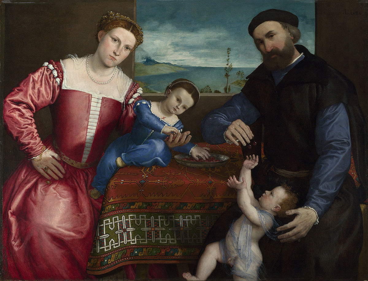 Lorenzo Lotto, Ritratto di Giovanni della Volta con moglie e figli (1547; olio su tela, 104,5 x 138 cm; Londra, National Gallery)