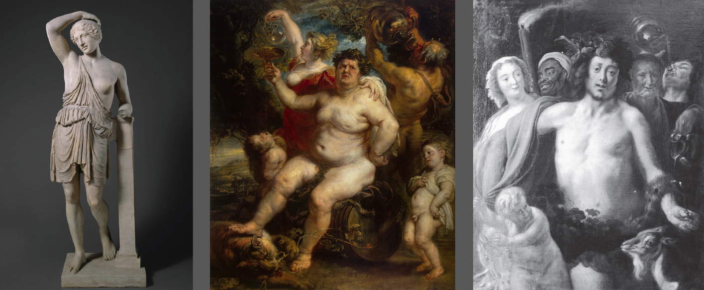 Modelli per il Trionfo di Bacco. Da sinistra a destra: Arte romana, copia da originale greco, Amazzone ferita (450 a.C. circa; marmo; New York, Metropolitan Museum); Pieter Paul Rubens, Bacco su di un barile di vino (1638-1640 circa; olio su tela, 191 x 161,3 cm; San Pietroburgo, Hermitage); Da Jacob Jordaens, Baccanale (1650 circa; olio su tela, 157 x 100 cm; Le Puy, Musée Crozatier)
