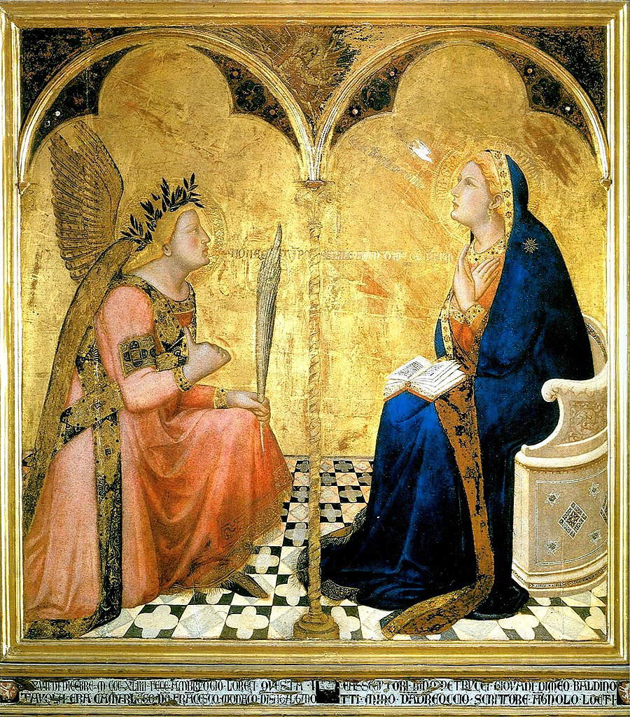 Ambrogio Lorenzetti, Annunciazione (1344; tempera e oro su tavola, 121,5 x 116 cm; Siena, Pinacoteca Nazionale) 
