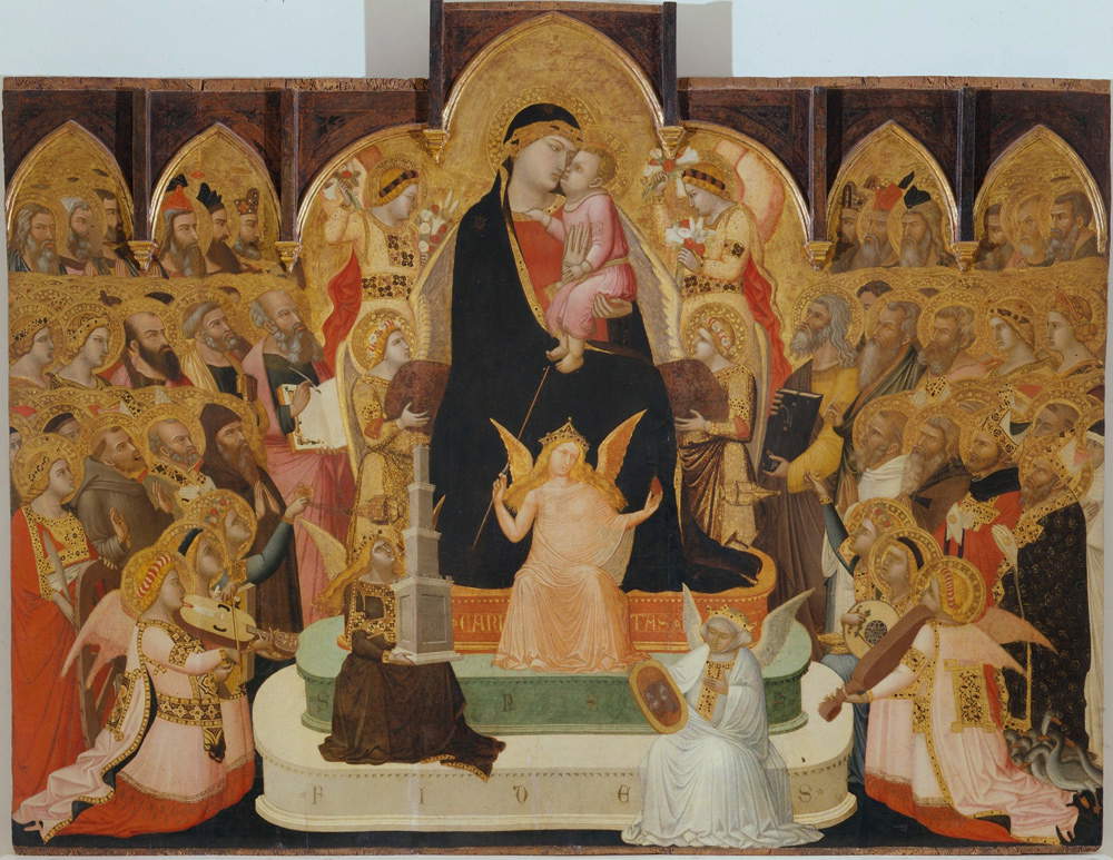 Ambrogio Lorenzetti, Madonna col Bambino in trono con VirtÃ¹ teologali, angeli musicanti, santi e profeti, nota anche come MaestÃ  di Massa Marittima (1335 circa; oro, argento, lapislazzuli e tempera su tavole di legno di pioppo, altezza 161 cm il pannello centrale, 147,1 i laterali, larghezza 206,5 cm; Massa Marittima, Museo dÂ’Arte Sacra)
