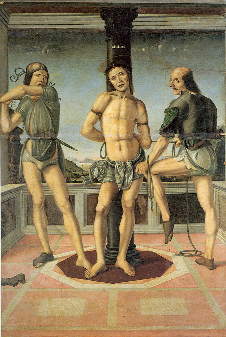 Pietro di Galeotto, Flagellazione, (1480; olio su tela, 196 x 134 cm; Perugia, Oratorio di San Francesco