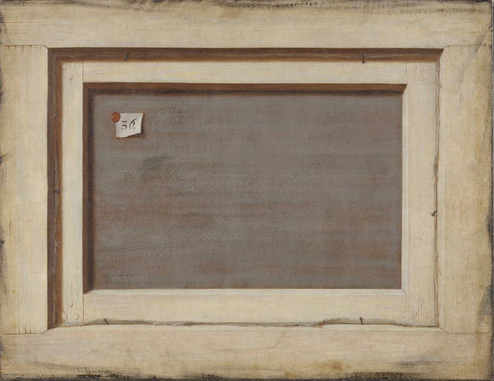 Cornelius Norbertus Gijsbrechts, Trompe l'oeil. El reverso de un cuadro enmarcado (1670-1675; óleo sobre lienzo, 66,4 x 87 cm; Copenhague, Museo Nacional de Copenhague). La exposición presenta la reproducción