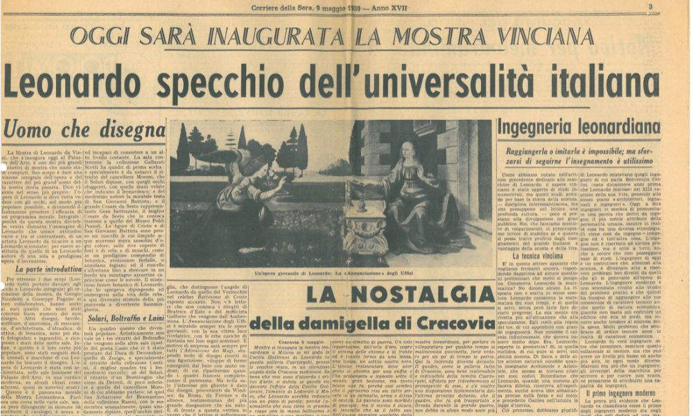 Articolo del Corriere della Sera, del 1939, con la notizia dell'inaugurazione della mostra di Leonardo