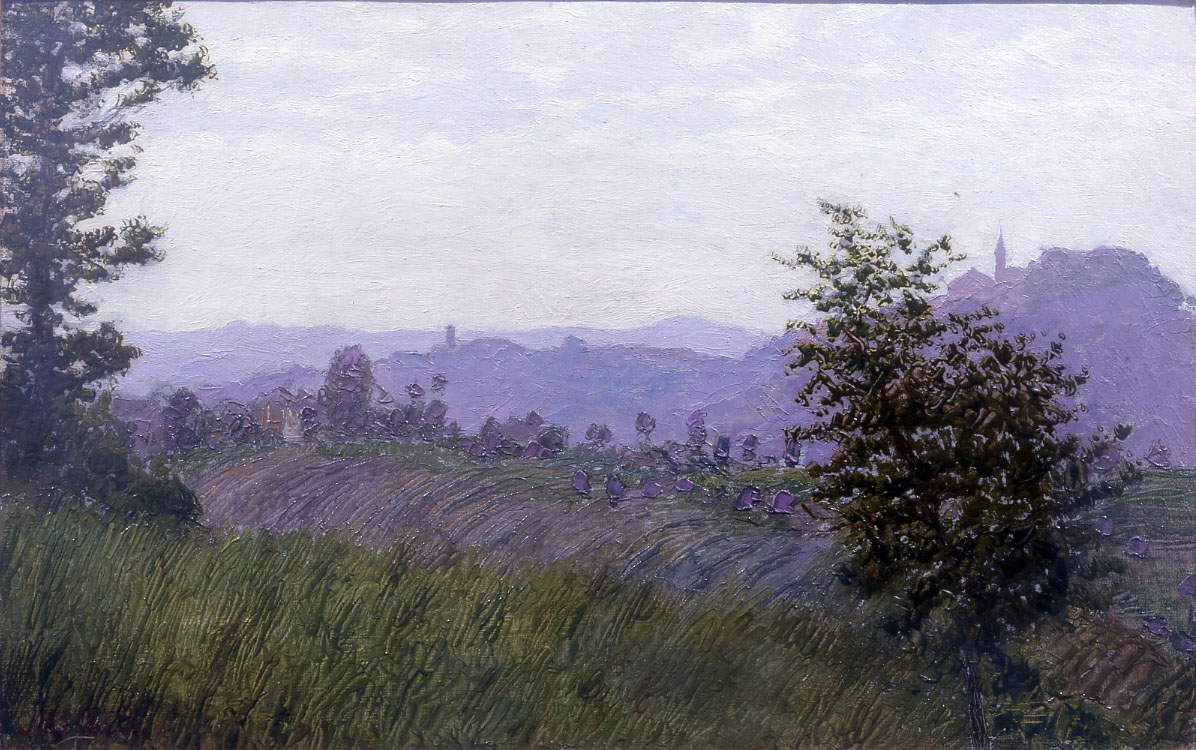 Angelo Morbelli, Colline del Monferrato (huile sur toile, 23 x 37 cm ; collection privée, avec l'aimable autorisation de la Quadreria dell'800, Milan)