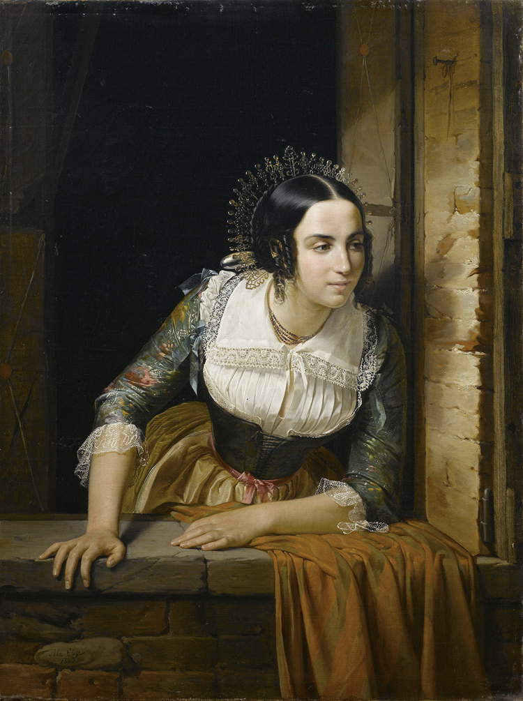 Eliseo Sala, Lucia Mondella che guarda dalla finestra se ritorna il suo fidanzato nel giorno stabilito per le nozze (1843; Collezione privata)