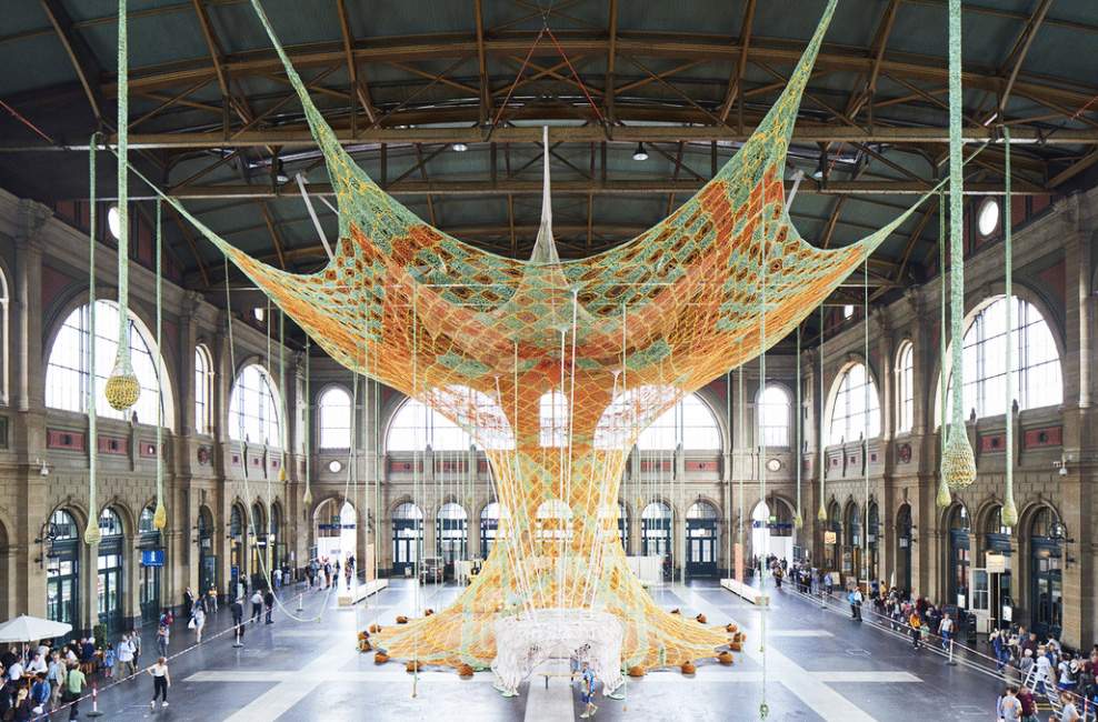 GaiaMotherTree, Ernesto Neto's giant handmade sculpture at Zurich Station