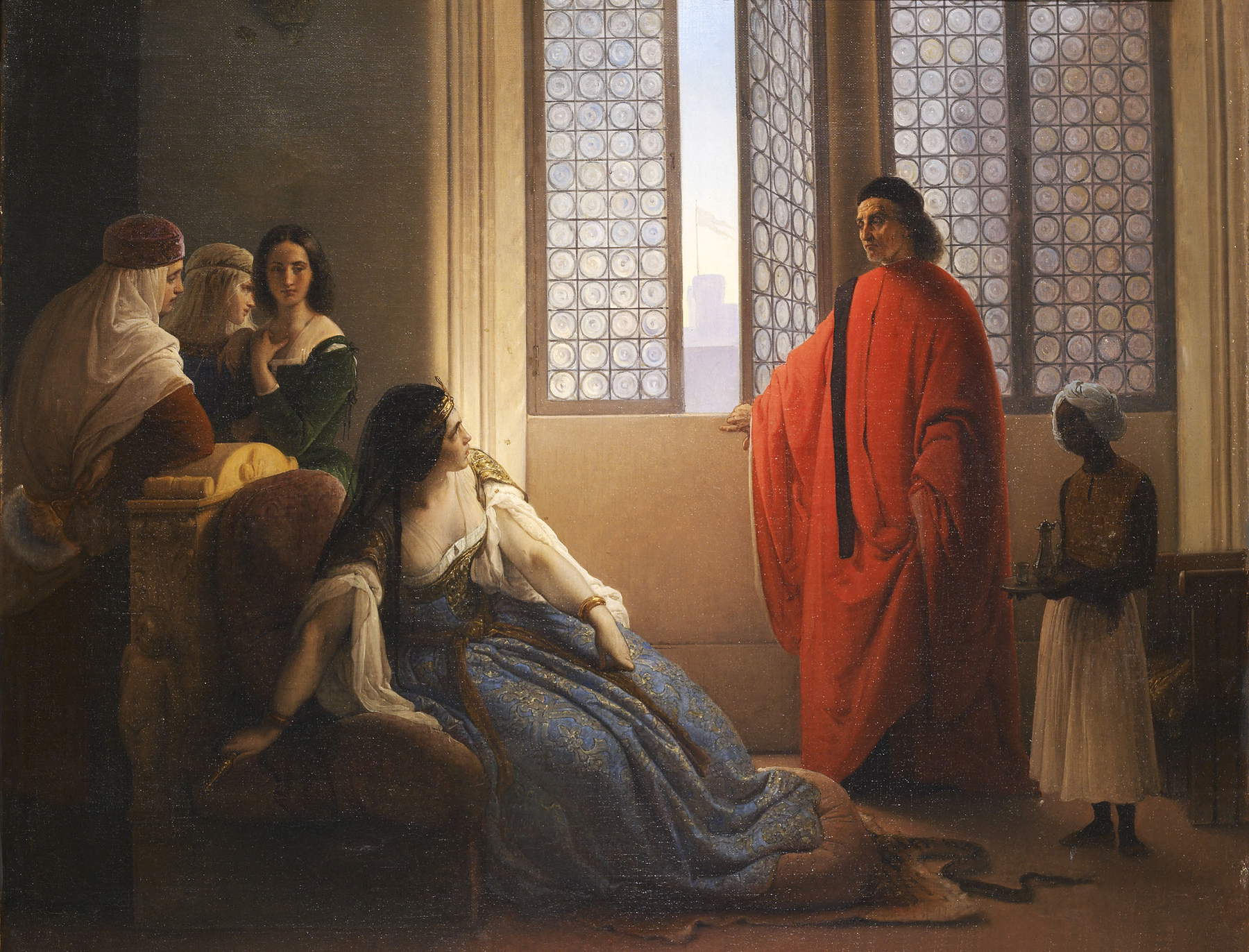 Francesco Hayez, l'oncle de Caterina Cornaro, envoyé par la République de Venise, lui montre le drapeau de Saint-Marc, ancien seigneur du royaume de Chypre (vers 1857 ; huile sur toile, 65 x 80 cm ; collection privée).