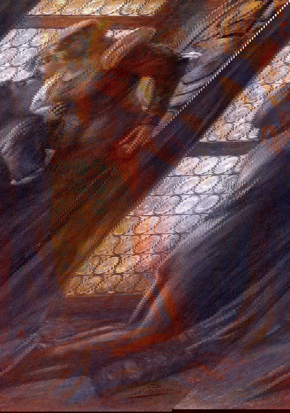 Gaetano Previati, Le Baiser (Tempera sur carton, 63,5 x 43 cm ; Collection privée, avec l'aimable autorisation de la Quadreria dell'800, Milan)