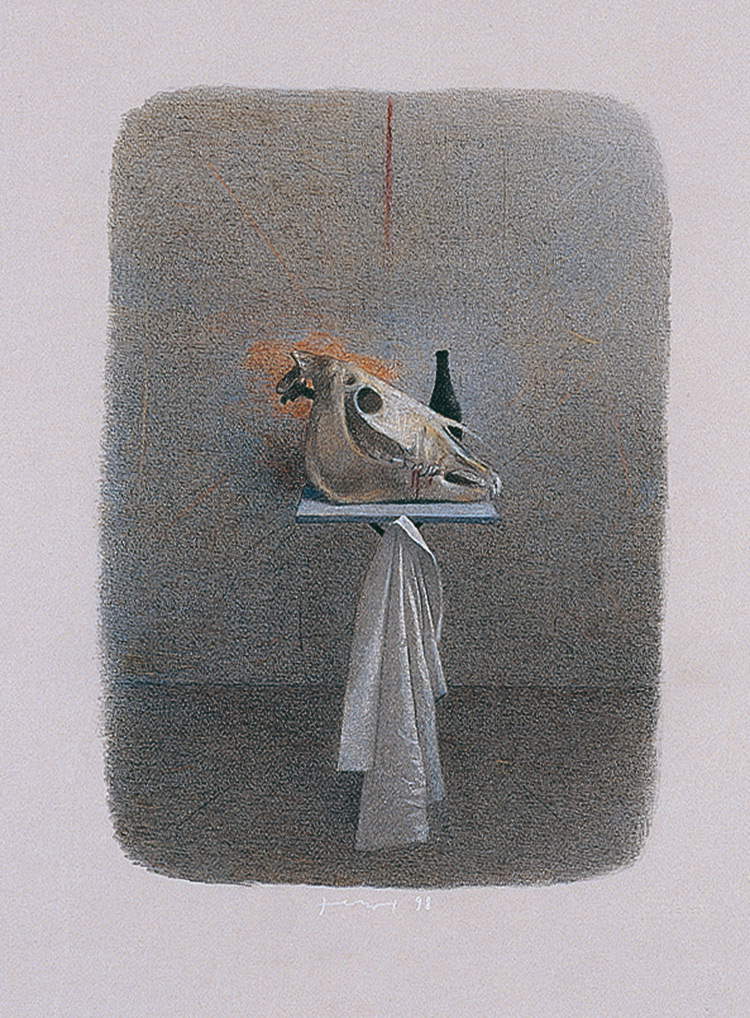 Gianfranco Ferroni, Cranio equino e bottiglia (1998; tecnica mista su carta applicata su tavola, 61x50 cm; collezione privata)