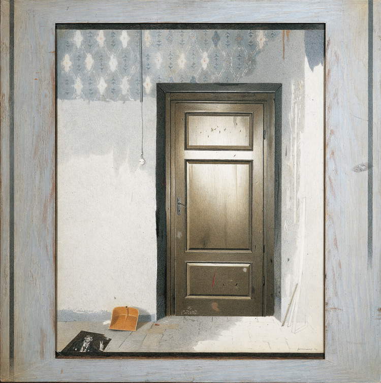 Gianfranco Ferroni, Porta chiusa (1974; tecnica mista su carta applicata su tela, 83,5x83 cm; collezione privata)