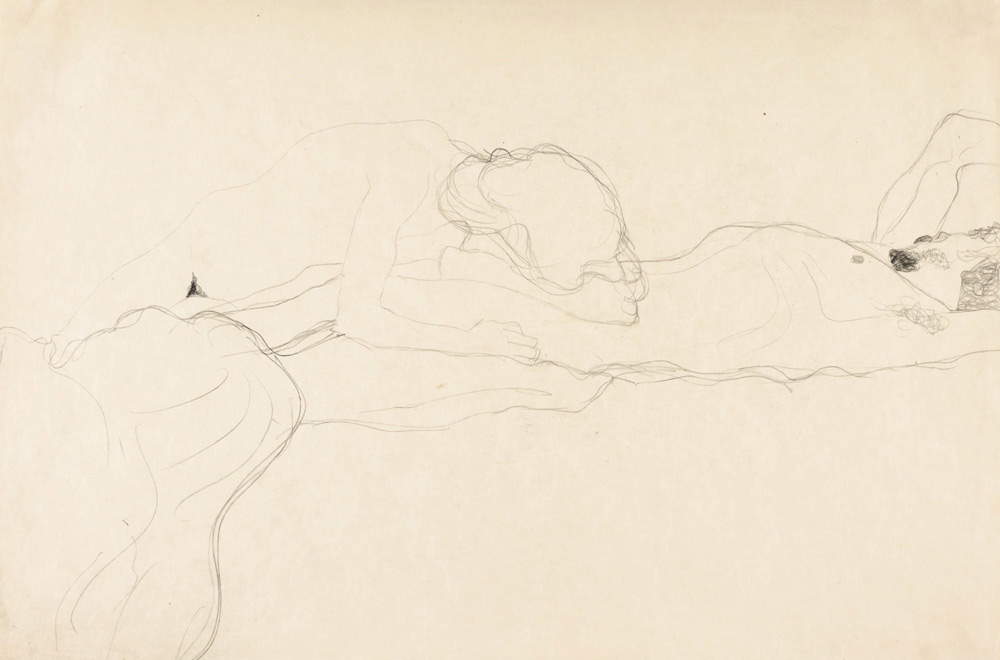 Gustav Klimt, Liebespaar nach rechts liegend (1904-1905; Bleistift auf Papier, 37,2 x 56,5 cm)
