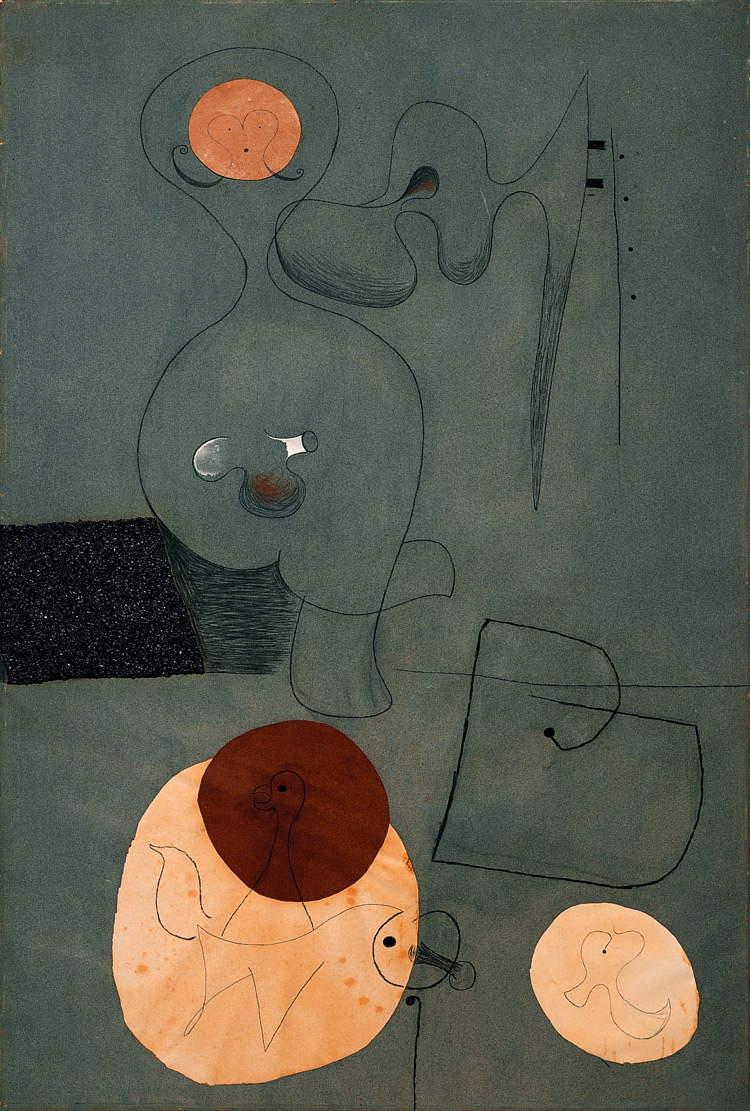 Joan Mir&oacute;, Sans titre (estate 1929; Grafite, matita Cont&eacute;, pastello, gouache, carta vellutata, carta catramata e papier coll&eacute;s su carta vellutata, 108 x 71 cm; Collection Centre Pompidou, Paris Mus&eacute;e national d&rsquo;art moderne - Centre de cr&eacute;ation industrielle)