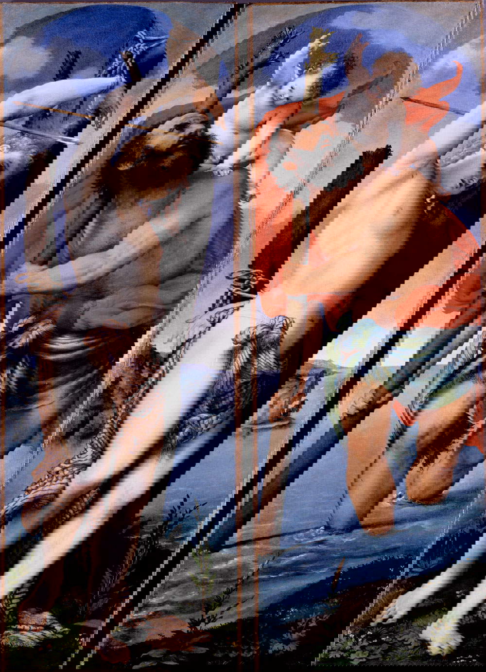 Lorenzo Lotto, Saint Sébastien et Saint Christophe (tous deux 1538-1539 ; huile sur toile, 162 x 56,8 cm ; Berlin, Staatliche Museen on Berlin, Gemäldegalerie) Lorenzo Lotto, Saint Sébastien et Saint Christophe (tous deux 1538-1539 ; huile sur toile, 162 x 56,8 cm ; Berlin, Staatliche Museen on Berlin, Gemäldegalerie)