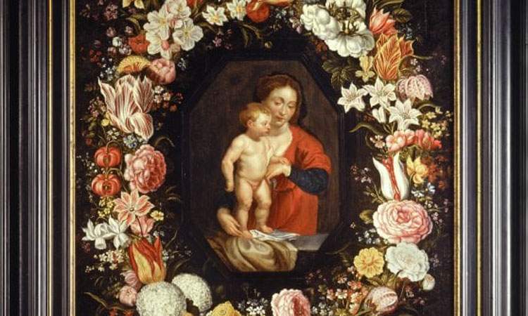 Madonna and Child in a garland of flowers on display in Naples