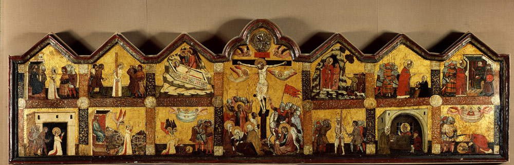 Meister von Cesi, Die Kreuzigung und die Geschichten des heiligen Blasius und der heiligen Katharina (Tempera und Gold auf Tafel; Rom, Vatikan, Päpstliche Repräsentationswohnung)