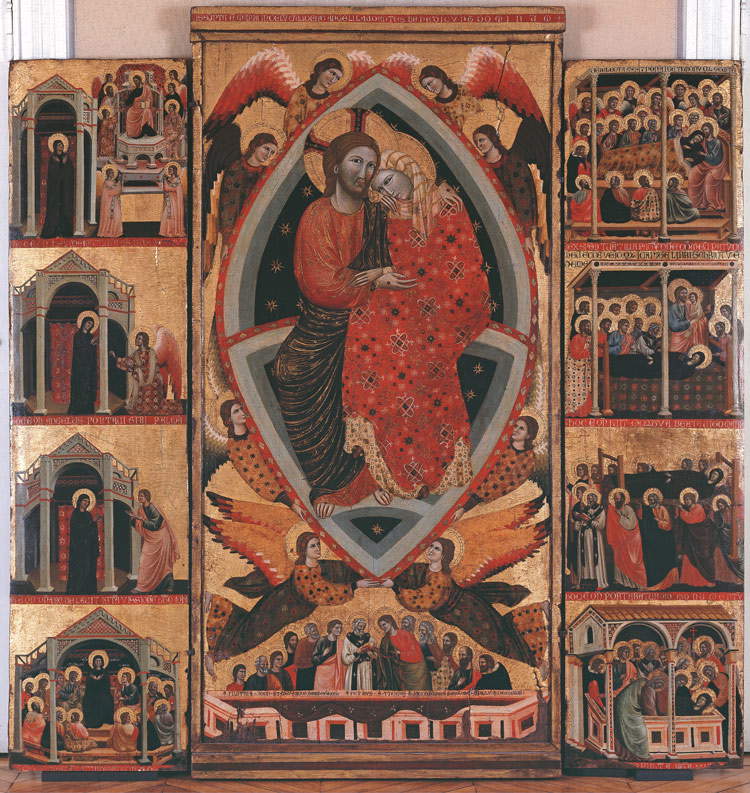 Maestro di Cesi, Assunzione della Vergine e Storie della morte della Vergine (1295-1300 circa; tempera e oro su tavola, 186 x 91 cm il pannello centrale, 177 x 46 cm e 177 x 44 cm le ante laterali; Parigi, Museo Marmottan Monet)