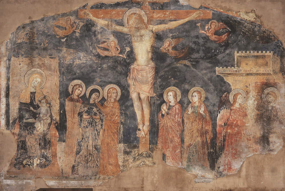 Maestro di Fossa, Crocifissione (1330-1333 circa; affresco staccato, 350 x 475 cm; Trevi, Raccolta dÂ’Arte di San Francesco)