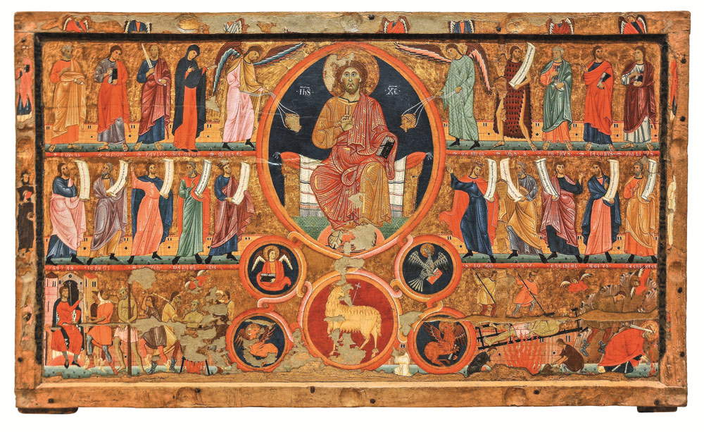 Meister von San Felice di Giano, Paliotto vom Meister von San Felice di Giano. Segnender Christus auf einem Thron, Apostel, Propheten, Evangelisten und Geschichten aus dem Leben des Heiligen Felix (Tempera und Gold auf Tafel; Perugia, Galleria Nazionale dell'Umbria)