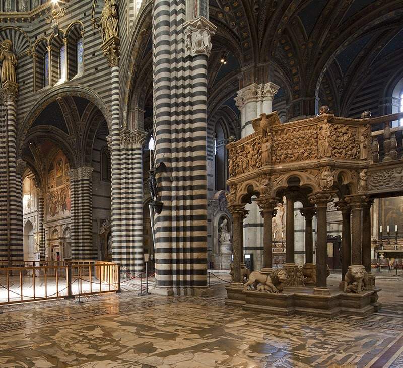 Siena Cathedral, restoration of Nicola Pisano pulpit ends: it is one of the most important works in art history