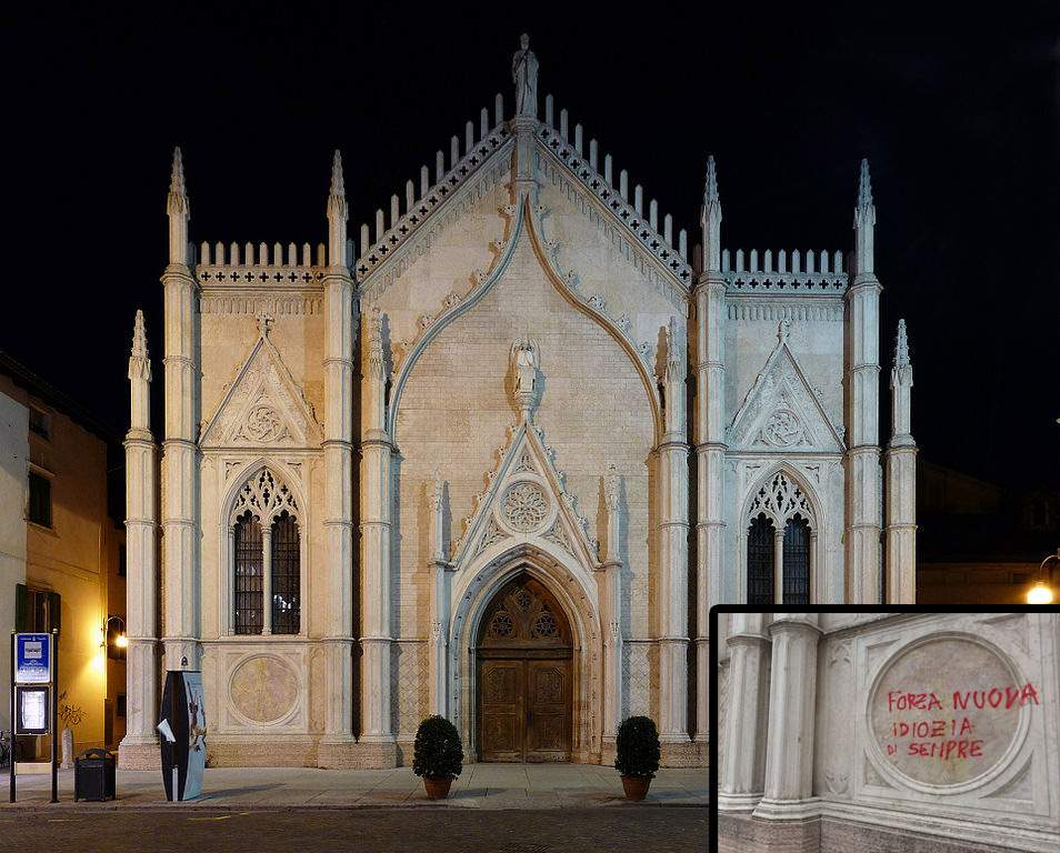 Trento, imbrattata la facciata neogotica della chiesa di San Pietro