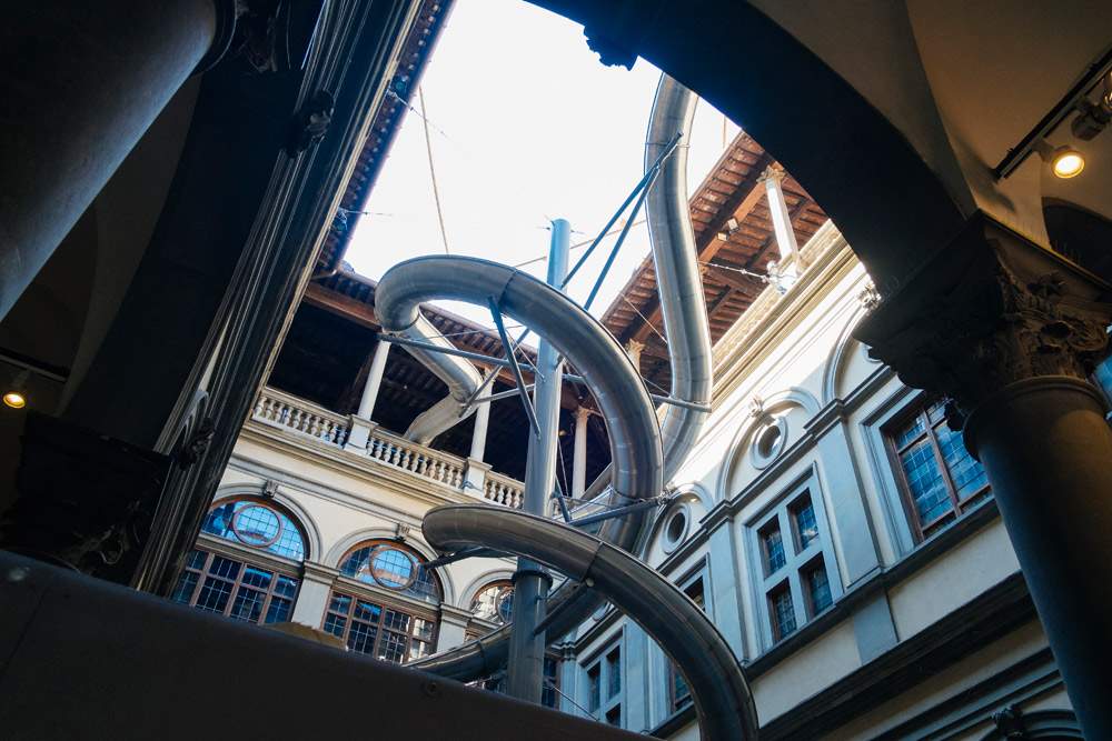 Here is Carsten HÃ¶ller's big slide at Palazzo Strozzi. Are you ready to dive from its 20-meter height?