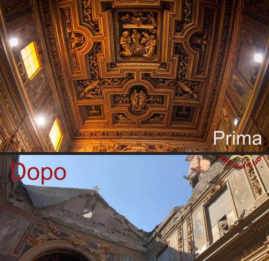 Rome, effondrement à San Giuseppe dei Falegnami. Le plafond à caissons du 17ème siècle est détruit, le Carcere Mamertino n'est pas endommagé.