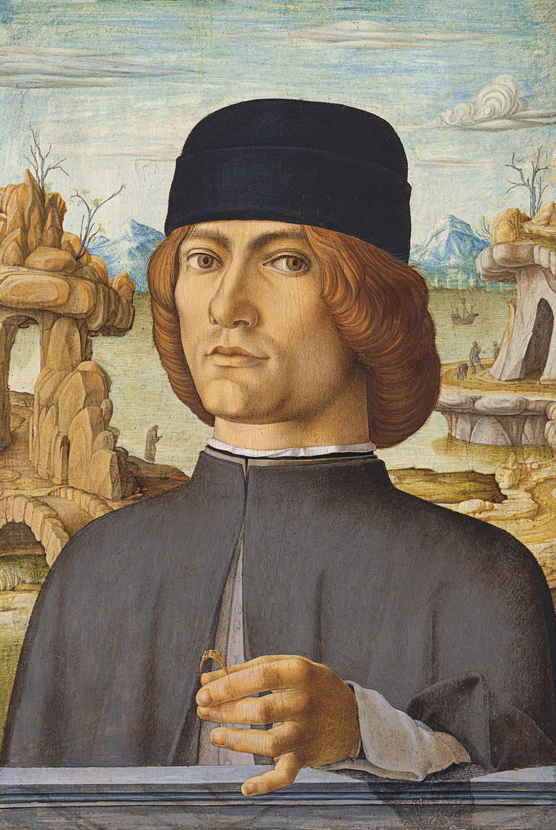 Francesco del Cossa, Ritratto d'uomo con anello (1472-1477 circa; tempera su tavola, 38,5 x 27,5 cm; Madrid, Museo Nacional Thyssen-Bornemisza)