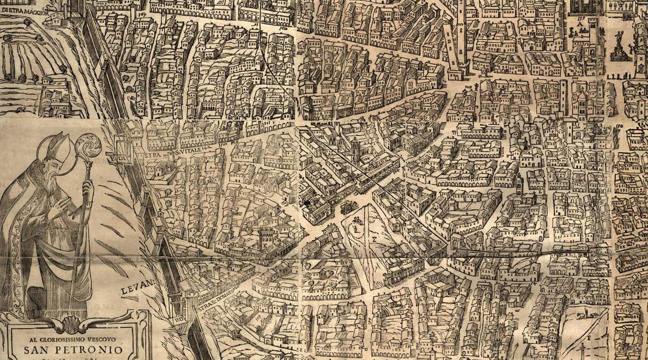 La mappa di Bologna realizzata nel 1638 da Matteo Borboni (e poi aggiornata nel 1724) con, in basso a sinistra, ancora le macerie sul luogo del guasto dei Bentivoglio, tra le odierne via Zamboni e via delle Belle Arti